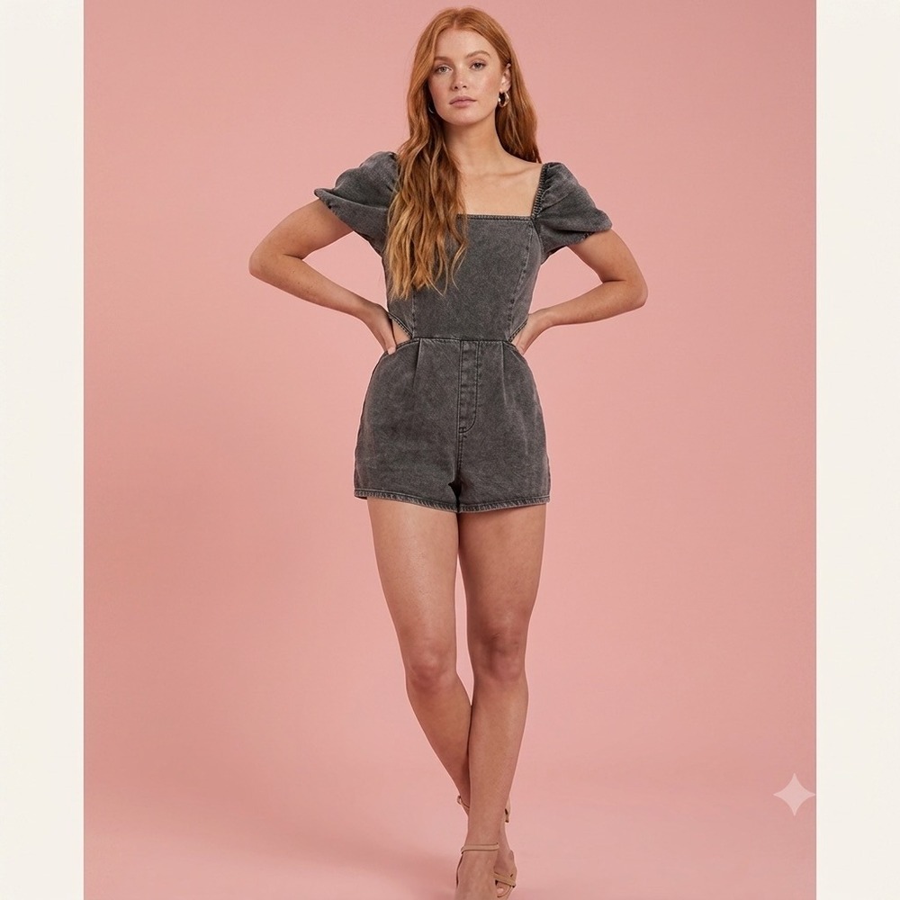 Altar'd State Denim Cut Out Romper Grey Acid Wash Medium Boho Festival Summer
